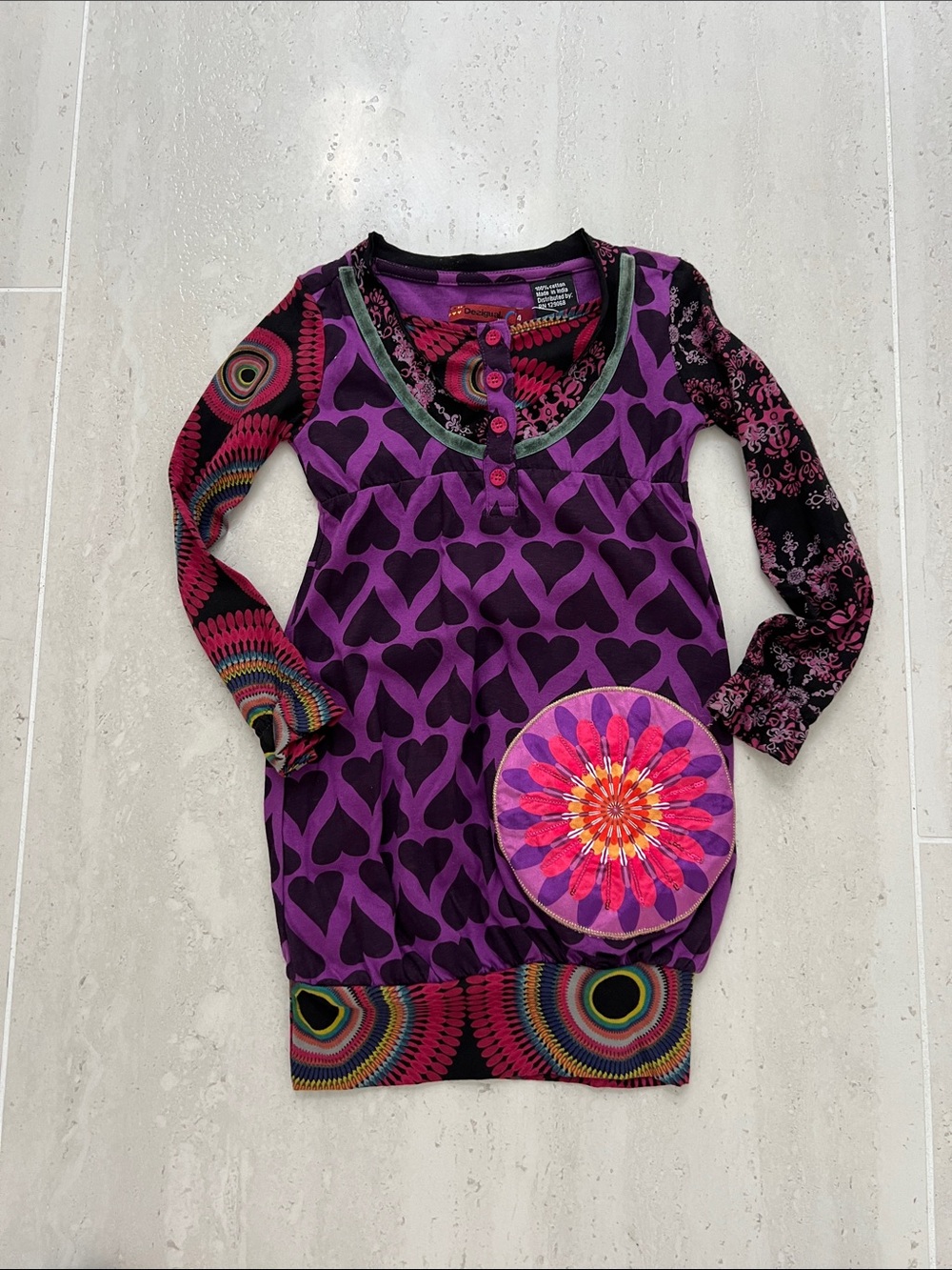 Desigual Purple Heart-Print Long Sleeve Dress with Multicolor Accents